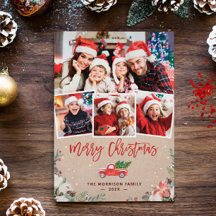 Kraft Winter Floral Christmas Truck 4 Photo Holiday Card
