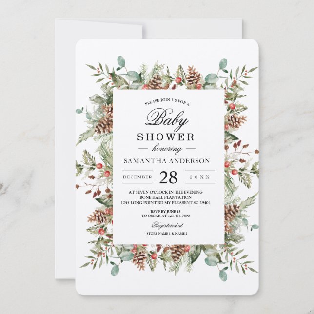 Kraft Winter Green Pine Cone Frame Invitation (Front)