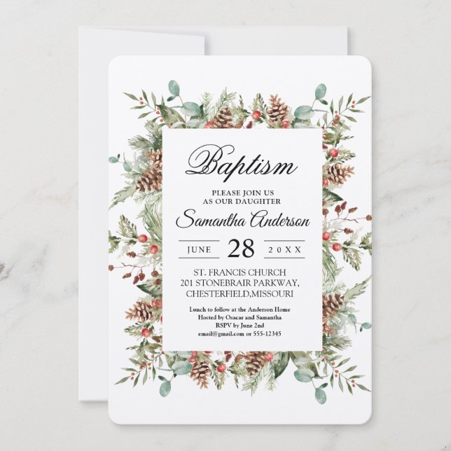 Kraft Winter Green Pine Cone Frame Invitation (Front)