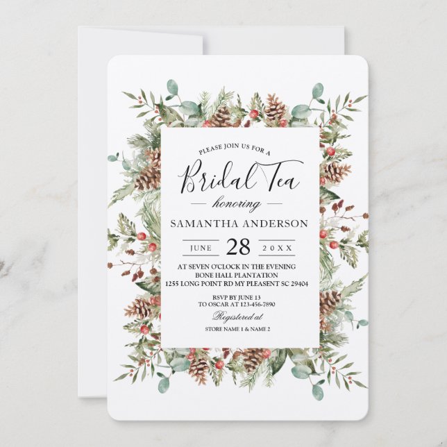 Kraft Winter Green Pine Cone Frame Invitation (Front)