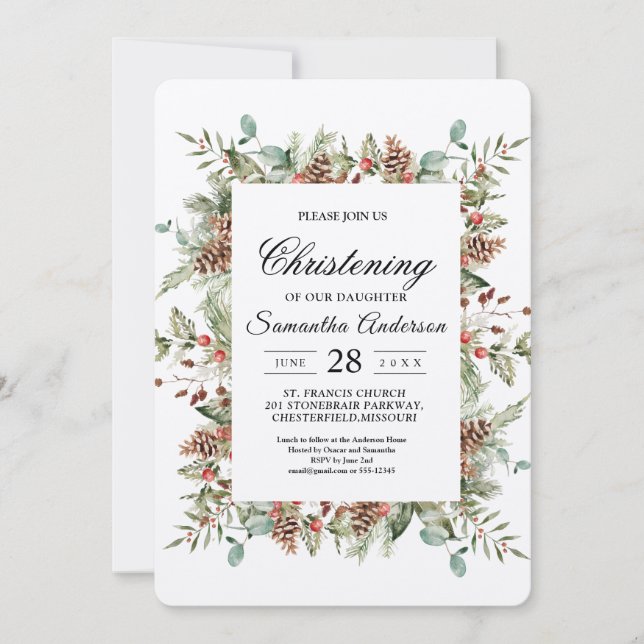 Kraft Winter Green Pine Cone Frame Invitation (Front)