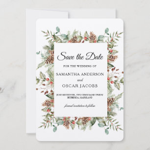 Kraft Winter Green Pine Cone Frame Save The Date