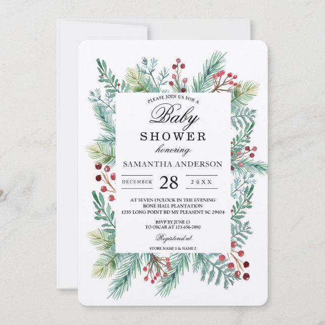 Kraft Winter Leaf Frame Greenery Invitation (Front)