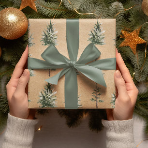 Kraft Winter Pine Green Watercolor Tree Wrapping Paper