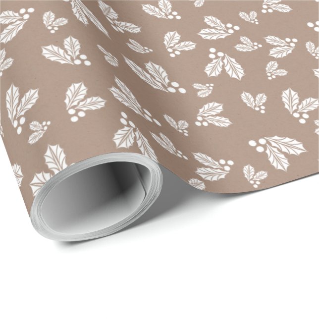 Kraft Winter White Christmas Holly Elegant   Wrapping Paper (Roll Corner)