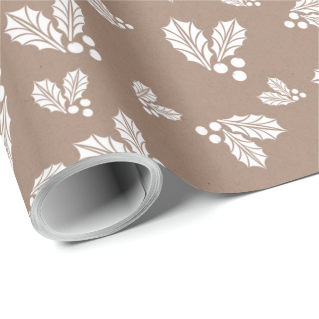 Kraft Winter White Christmas Holly Elegant  Wrapping Paper (Roll Corner)