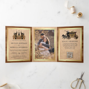 Kraft Wood Fairytale Castle Photo QR Code Wedding Tri-Fold Invitation