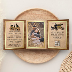 Kraft Wood Fairytale Castle Photo QR Code Wedding Tri-Fold Invitation