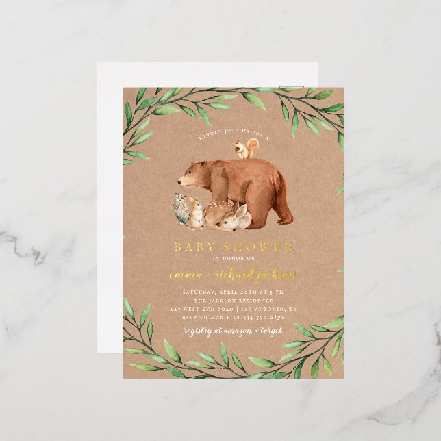 Kraft Woodland Greenery Forest Animals Baby Shower Foil Invitation Postcard (Front/Back)