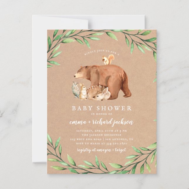 Kraft Woodland Greenery Forest Animals Baby Shower Magnetic Invitation (Front)