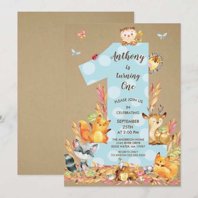 Kraft Woodland One Boys Birthday Invitation (Front/Back)