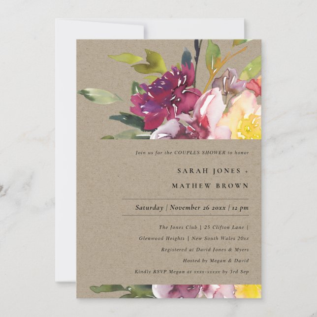 KRAFT YELLOW BLUSH BURGUNDY FLORAL COUPLES SHOWER INVITATION (Front)