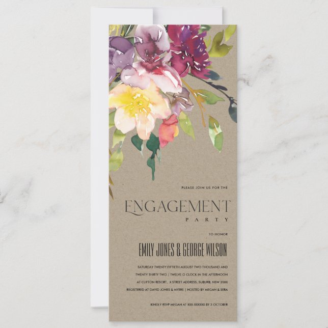 KRAFT YELLOW BLUSH BURGUNDY FLORAL ENGAGEMENT INVITATION (Front)