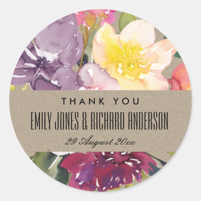 KRAFT YELLOW BLUSH BURGUNDY FLORAL THANK YOU CLASSIC ROUND STICKER (Front)