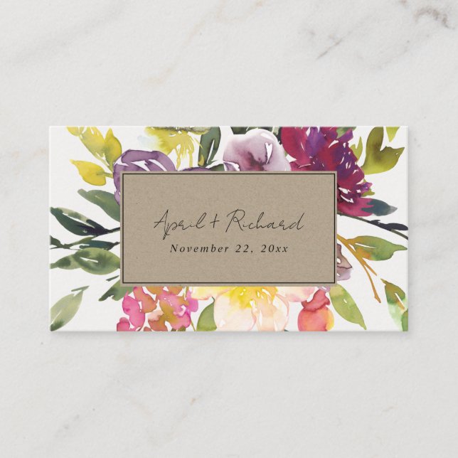 KRAFT YELLOW BLUSH BURGUNDY FLORAL WEDDING WEBSITE BUSINESS CARD (Front)