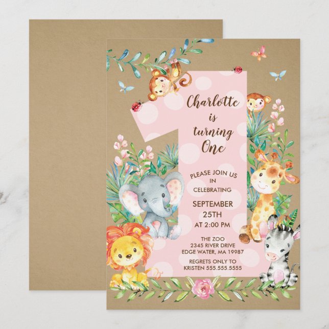 KraftJungle Big One Girls Birthday Invitation (Front/Back)