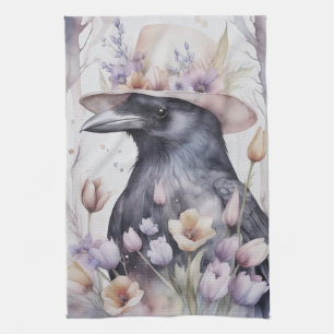 Krähe Rabe Crow mit Hut und Blumen Watercolor Tea Towel