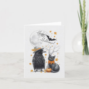 Krähe und Katze Herbst Halloween Crow Grußkarte Thank You Card