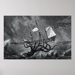 Kraken Attacking Ship vintage etching Poster