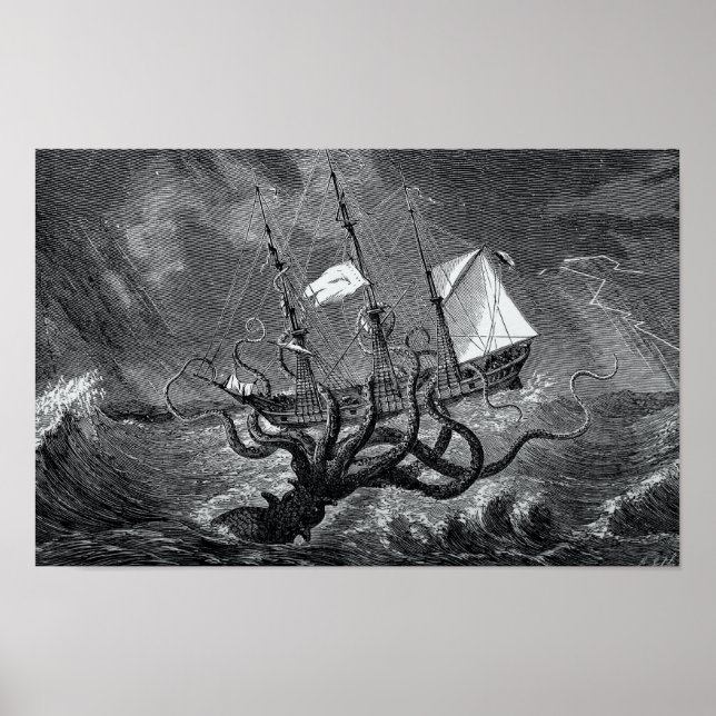 Kraken Attacking Ship vintage etching Poster (Front)