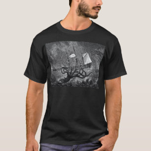 Kraken Attacking Ship vintage etching T-Shirt