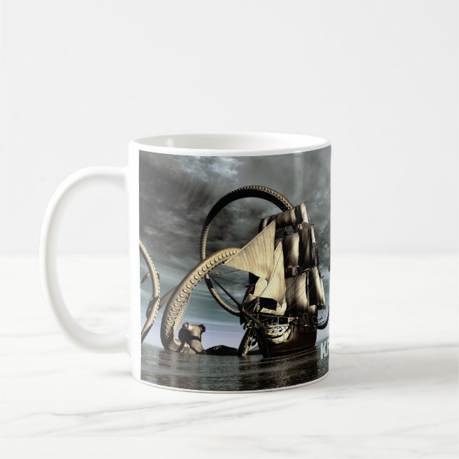 Kraken. Giant octopus bringing down a pirate ship Coffee Mug (Left)