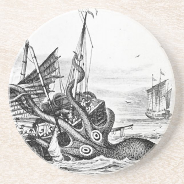 Kraken/Octopus Eatting A Pirate Ship, Black/White Coaster (Front)