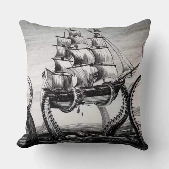 Kraken/Octopus Eatting A Pirate Ship, Black/White Cushion (Front)