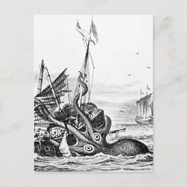 Kraken/Octopus Eatting A Pirate Ship, Black/White Postcard (Front)