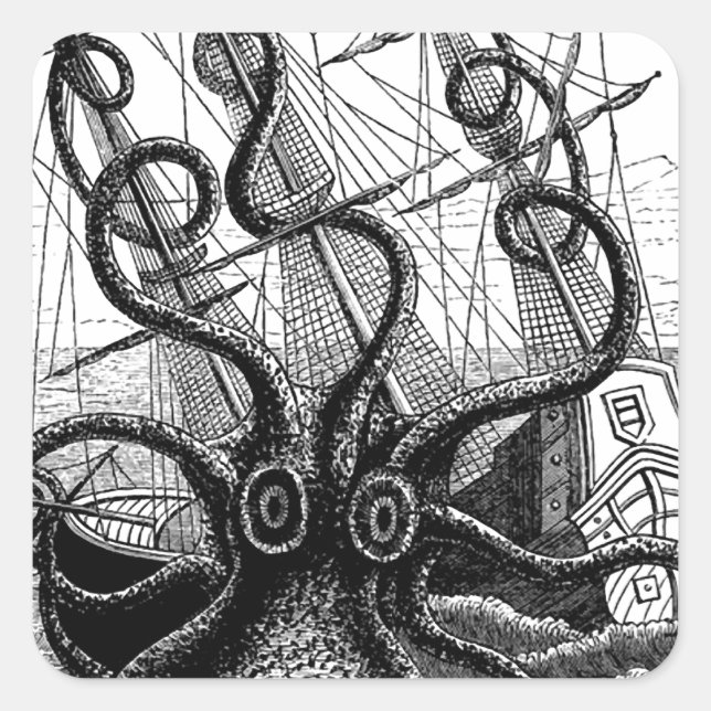 Kraken/Octopus Eatting A Pirate Ship, Black/White Square Sticker (Front)