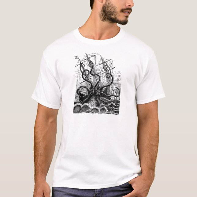 Kraken/Octopus Eatting A Pirate Ship, Black/White T-Shirt (Front)