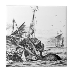 Kraken/Octopus Eatting A Pirate Ship, Black/White Tile