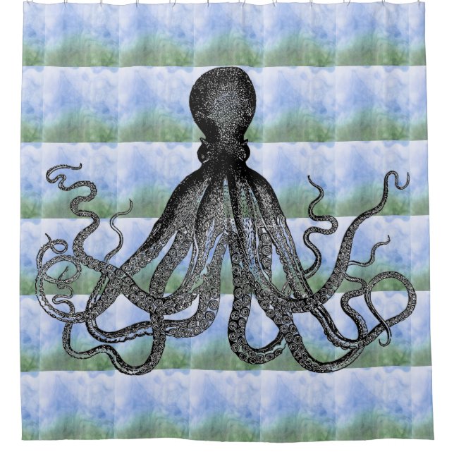 Kraken Octopus on blue green background Shower Curtain (Front)