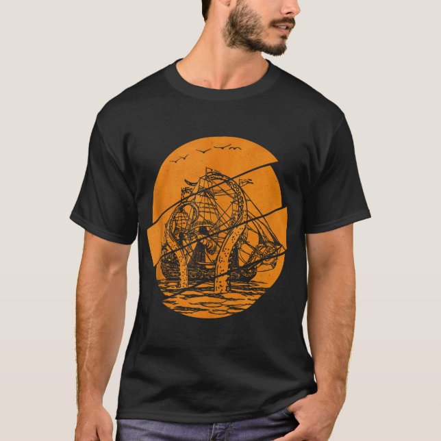 Kraken Pirate Ship Giant Octopus Ocean Sea Monster T-Shirt (Front)