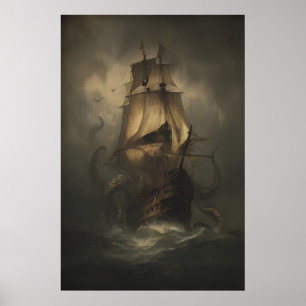Kraken Pirate Ship, Giant Octopus Painting, Gothic Poster