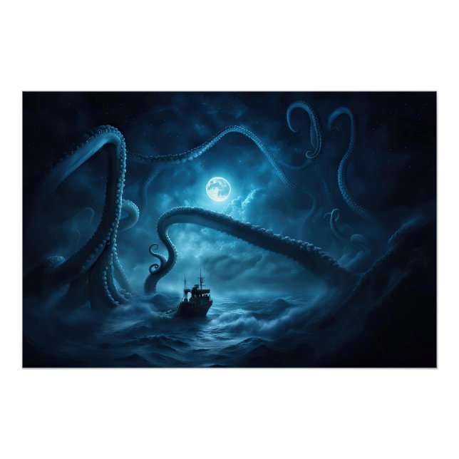 Kraken Sea Monster Fishing Boat Nautical Poster (Front)