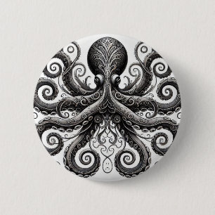Kraken Steampunk Octopus Ornate Black 6 Cm Round Badge
