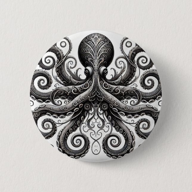 Kraken Steampunk Octopus Ornate Black 6 Cm Round Badge (Front)