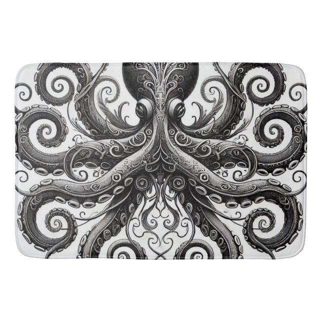 Kraken Steampunk Octopus Ornate Black Bath Mat (Front)
