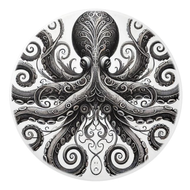 Kraken Steampunk Octopus Ornate Black Ceramic Knob (Front)