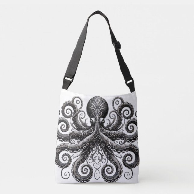 Kraken Steampunk Octopus Ornate Black Crossbody Bag (Front)