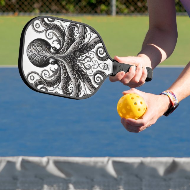 Kraken Steampunk Octopus Ornate Black Pickleball Paddle (Insitu)