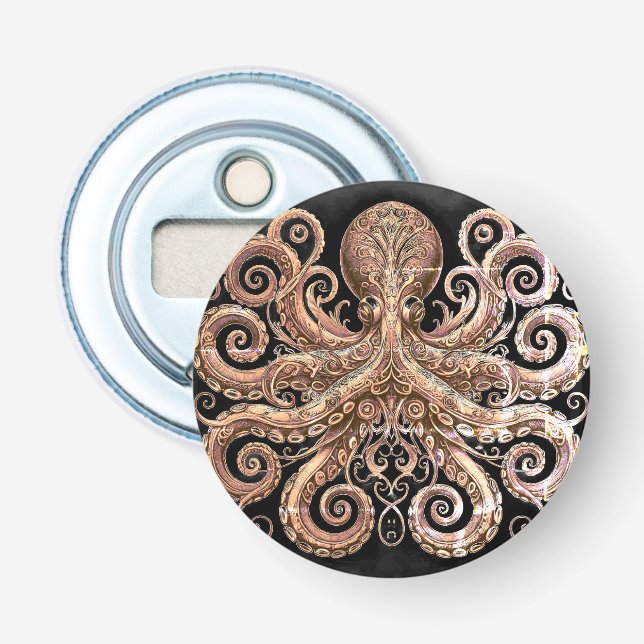 Kraken Steampunk Octopus Ornate Gold Black Bottle Opener (Front)