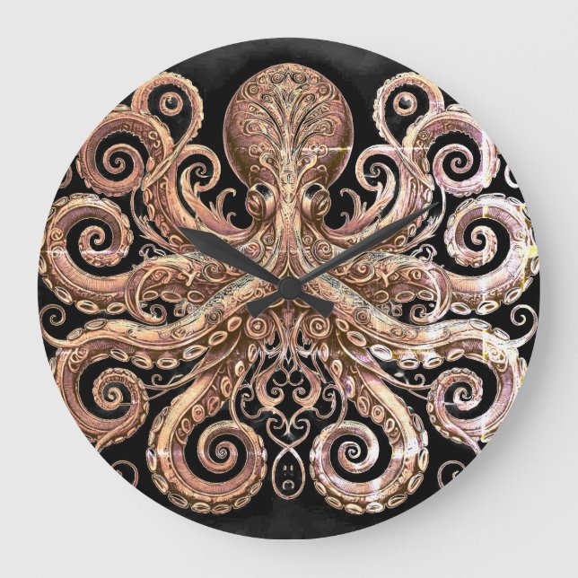 Kraken Steampunk Octopus Ornate Gold Black Large Clock (Front)