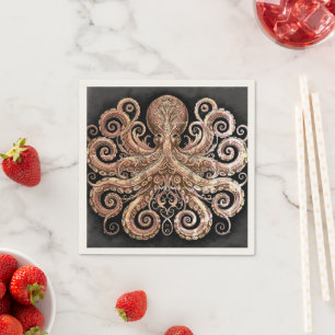 Kraken Steampunk Octopus Ornate Gold Black Napkin