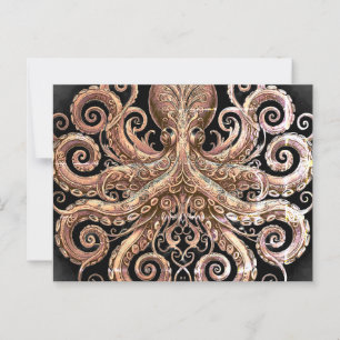 Kraken Steampunk Octopus Ornate Gold Black Postcard