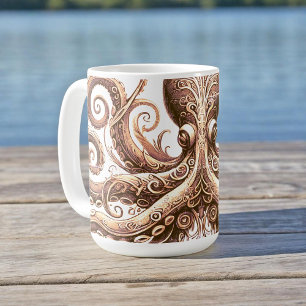 Kraken Steampunk Octopus Ornate Gold White Coffee Mug