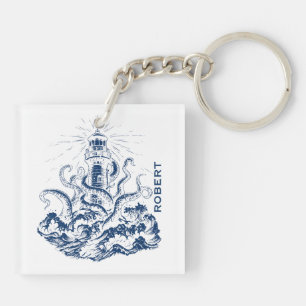 Kraken Swallowing a Light House illustration Key Ring