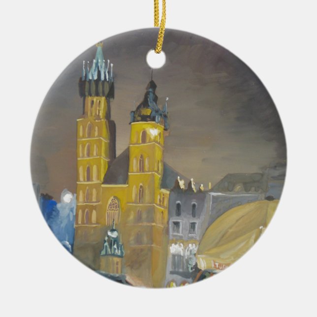 Krakow at night ceramic tree decoration (Front)