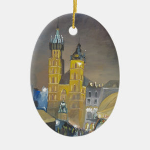 Krakow at night ceramic tree decoration